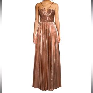 GB Social Pleated Metallic Split Neck Long Dress